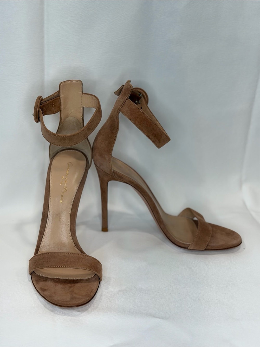 Gianvito Rossi PortofinoTan Suede Ankle-Strap Stiletto Sandals